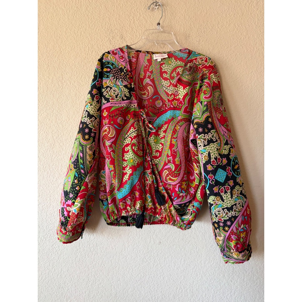 Boemo Paisley Wrap Blouse Red Pink Tassel Tie Balloon Sleeve Top XL R5011